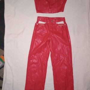 High-Waist Red Faux Leather Wide-Leg Pants